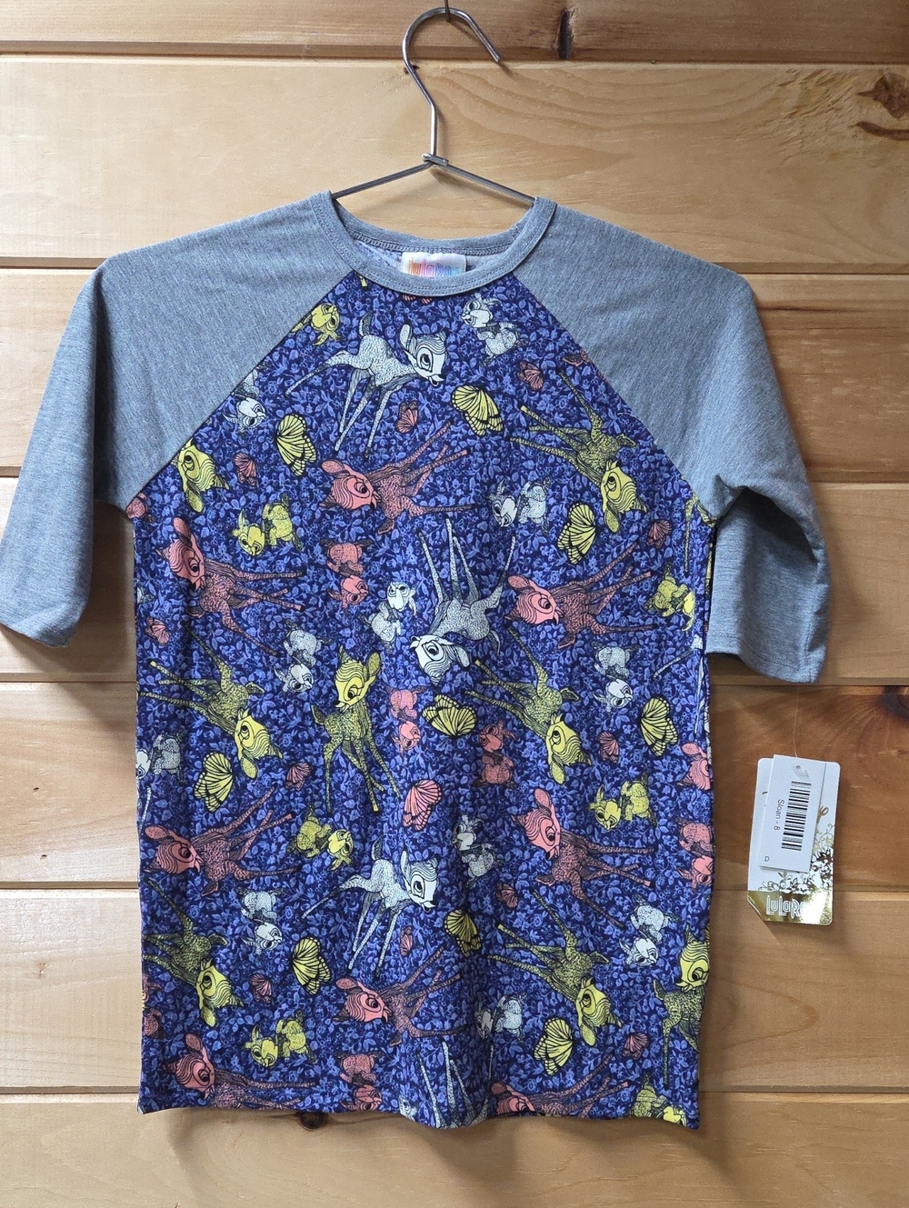 LuLaRoe Disney Bambi Thumper Sloan Gray Raglan Tee with Animal Print